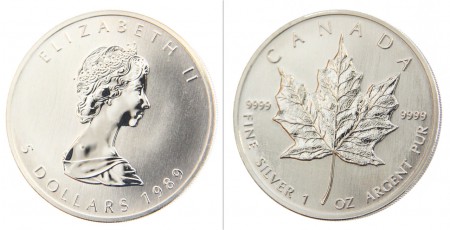 34 EUR  5 Dolares 1989  Canada plata 9999  31,1  gr 